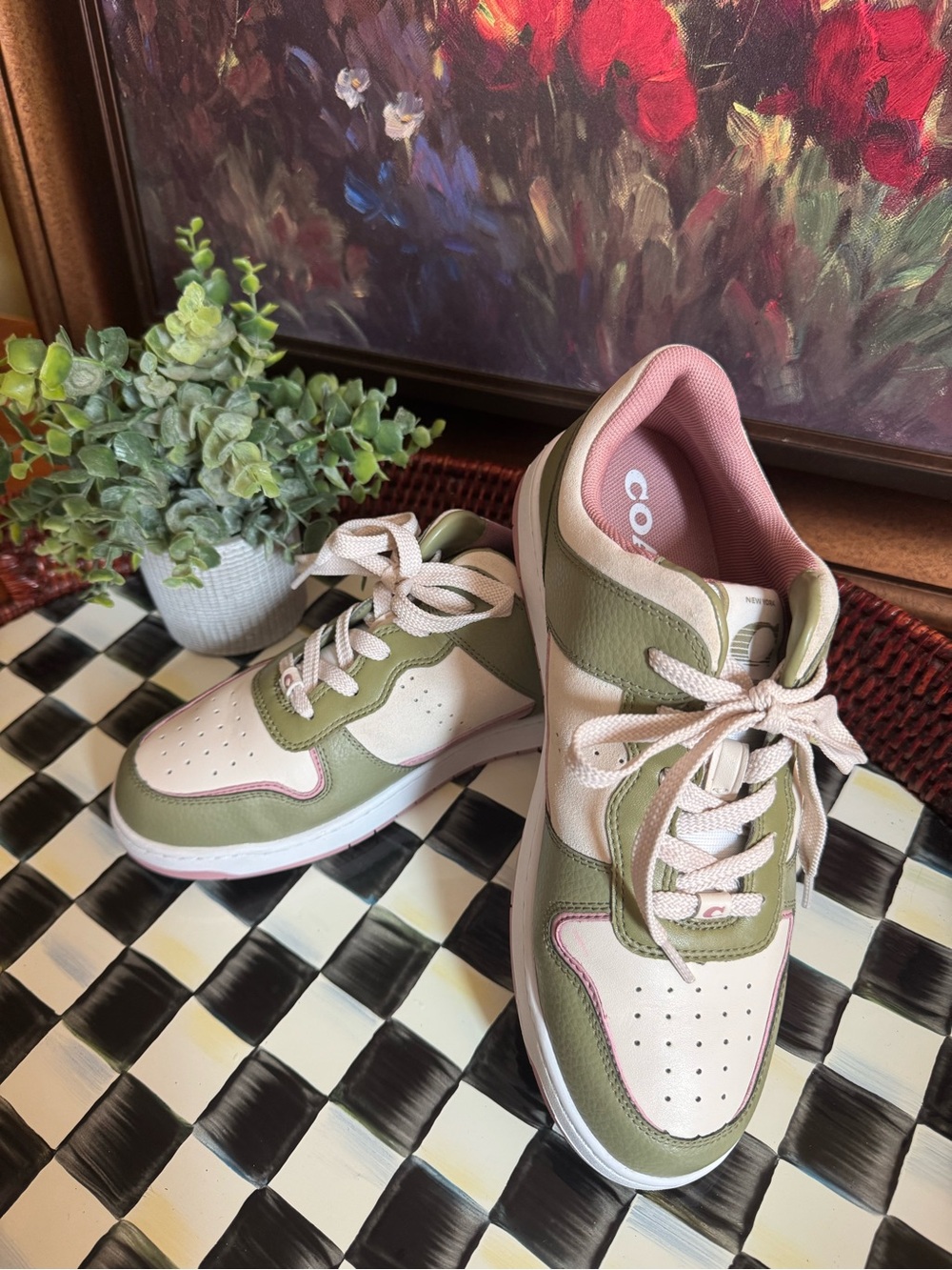 Coach Olive Green and Blush Pink Leather Athletic Sneakers C201 Size 9